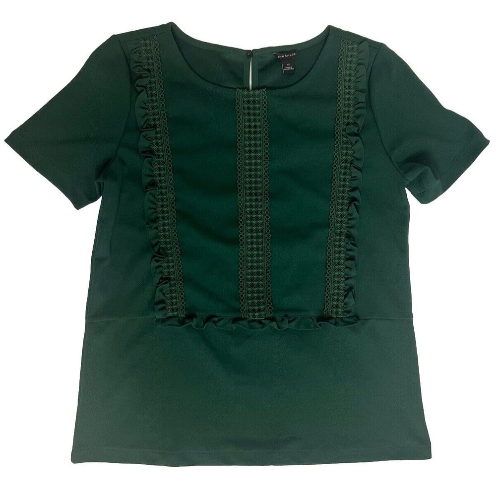 Ann Taylor Green Embroider Short Sleeve Top Size XS Boho Casual